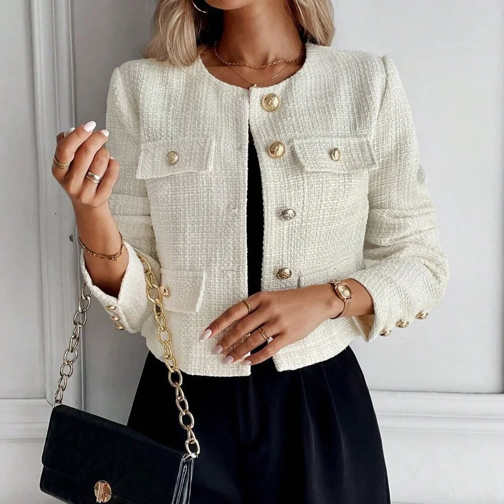 Apricot Elegant Women's Solid Color Tweed Jacket - Picture 3 of 4